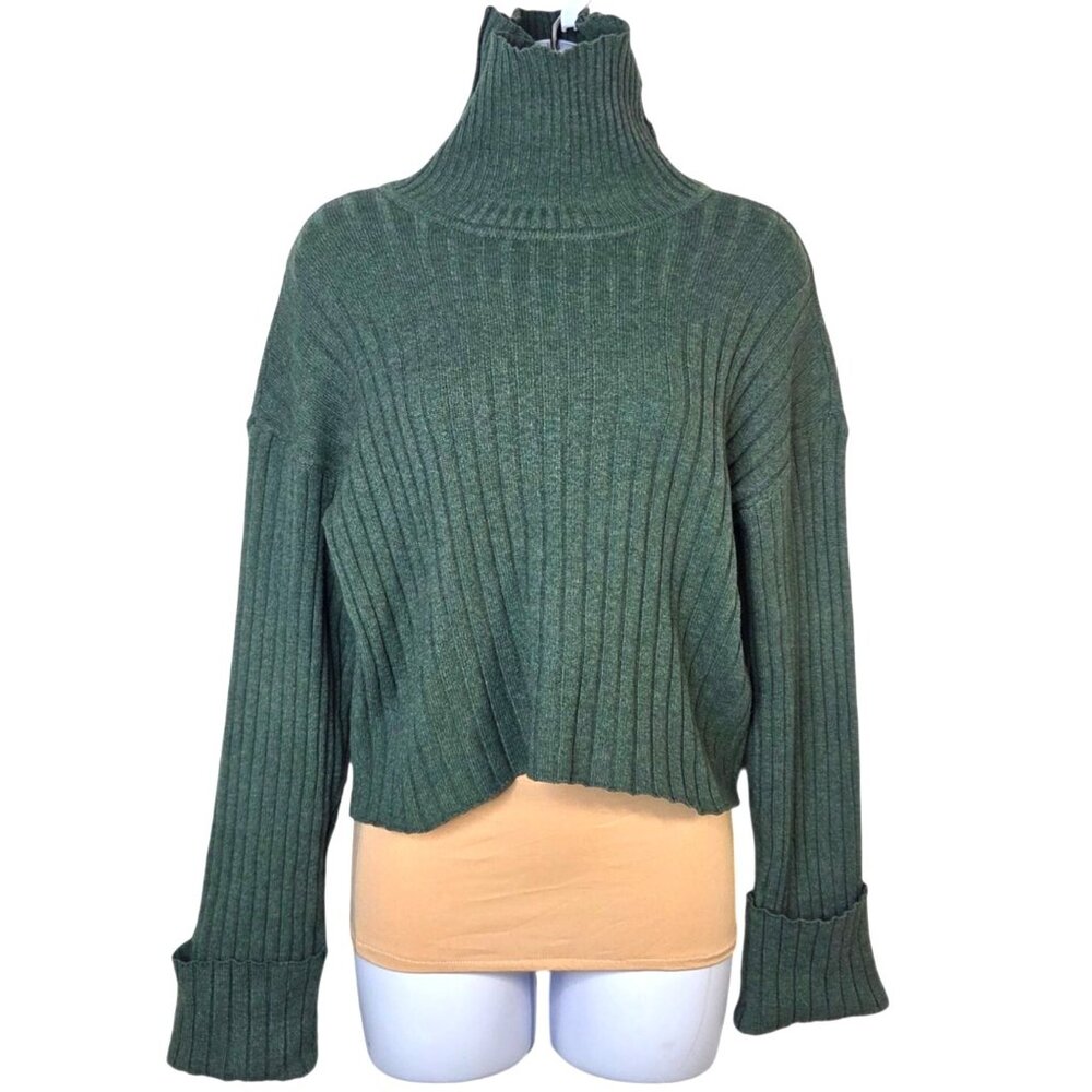 No Comment Womens Ribbed Green Turtleneck Sweater Large